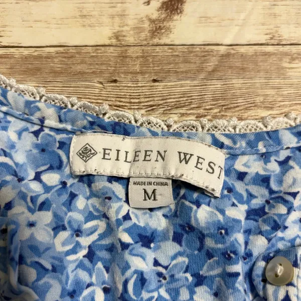 Eileen West Blue Floral Knit Short Nightgown Size Medium Cap Sleeves Lace - Image 4