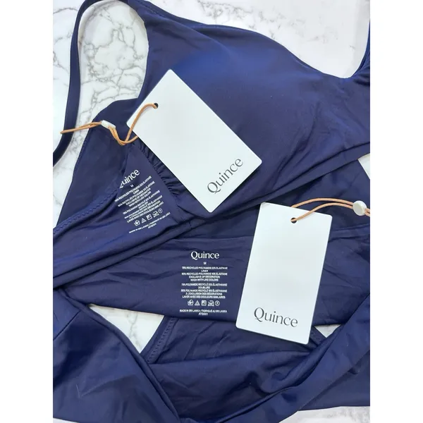 NWT Quince Deep Navy Italian V Neck Bikini Top & High Rise Bottoms Set Medium - Image 3