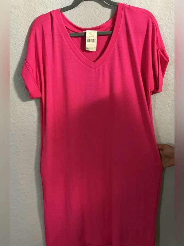 Zenana Hot Pink V-Neck T-Shirt Dress Size L NWT - Image 3