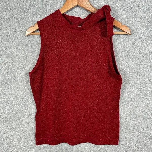 NWT Ann Taylor Loft‎ Womens Sweater Tank Top Red Small Tie Wool Sleeveless Y2K - Image 5