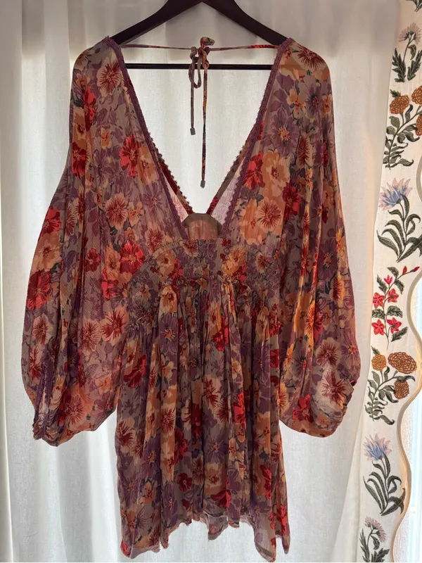 Free People Floral V-Neck Mini Dress in Lavender & Peach - Image 12