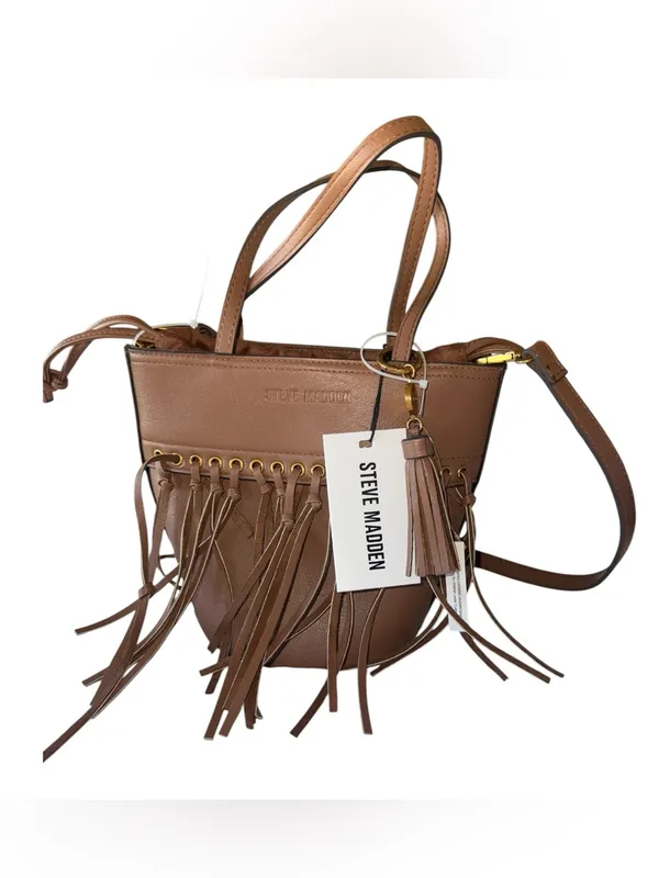 NWT $118 Steve Madden Fringe Bucket Bag Nutshell Tan Crossbody or Tote Bag - Image 4