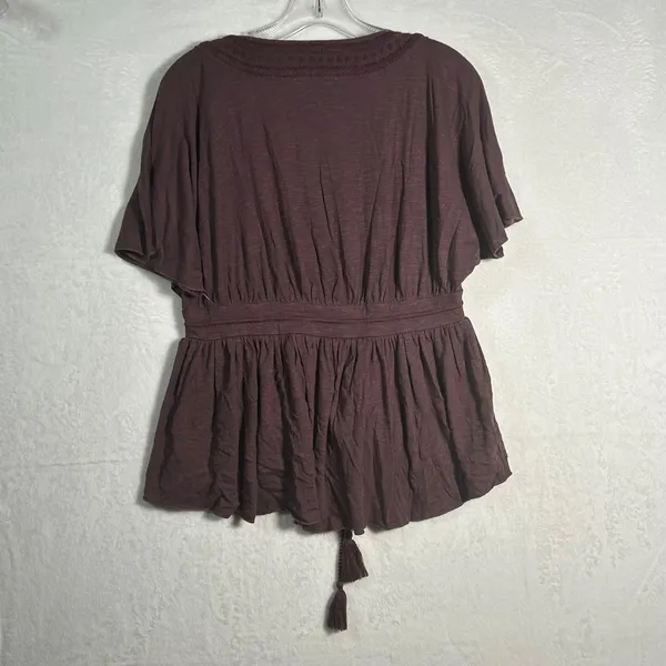 Lucky Brand Square Neck Peplum Top‎ Tassel Drawstring Burgundy XS - Image 2