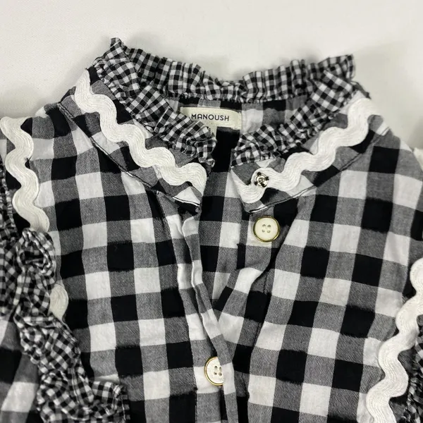 Manoush Blouse Womens 6‎ Black White Gingham Ruffle Sleeveless Button Front - Image 3