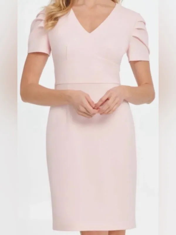 DKNY Pink Pleated Short Sleeve V-Neck Sheath Dress Sz 10 Autumn Wedding Guest - Image 2
