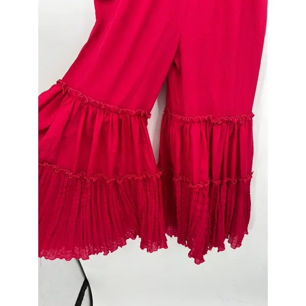 Boho Red Pink Wide Leg Ruffle Pants XS Elastic Waist Festival‎ Hippie Flare - Image 3