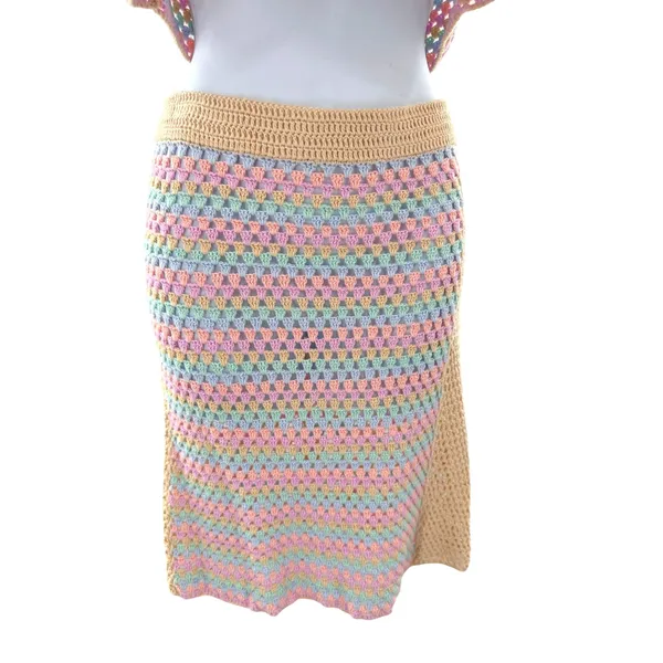Lovers + Friends Pastel Rainbow Crochet Set Crop‎ Top XL Mini Skirt L Revolve - Image 5