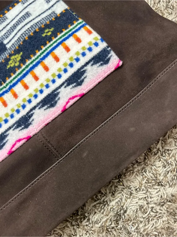 Pendleton Brown Suede Messenger Tote with Multicolor Patterned Pocket and back - Image 6