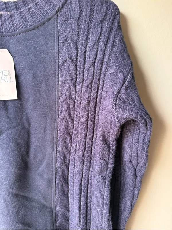 NWT Cable Knit Mixed Media Sweater Navy Blue Crewneck Cozy‎ Women’s Small - Image 2