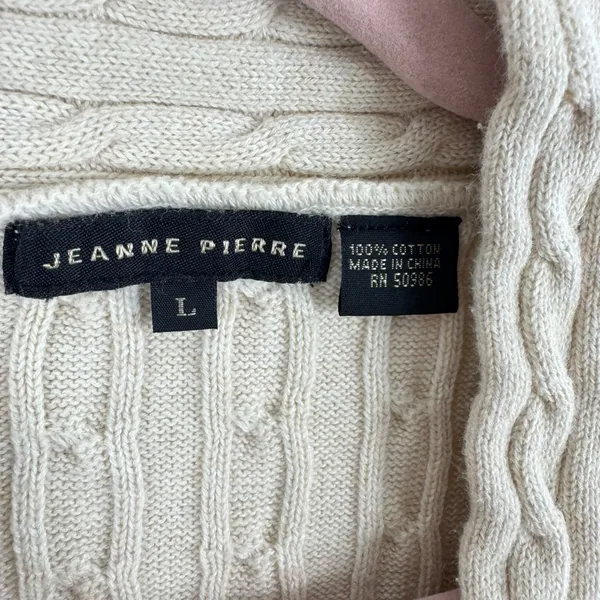 JEANNE PIERRE Womens Cable Knit Shawl Collar Sweater Beige Cotton‎ Long Sleeve L - Image 4