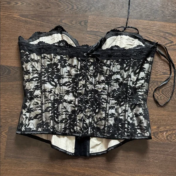 Floral Lace Corset Bustier Hook & Eye Front, Lace-Up Back Black Large - Image 4