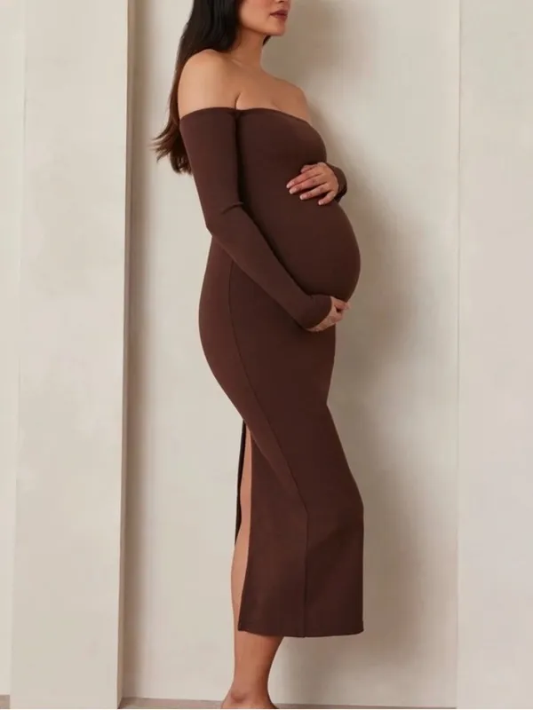 NWT Bumpsuit Sculpting Rib Off Shoulder Maternity Dress XS Brown Bodycon Midi - Image 7