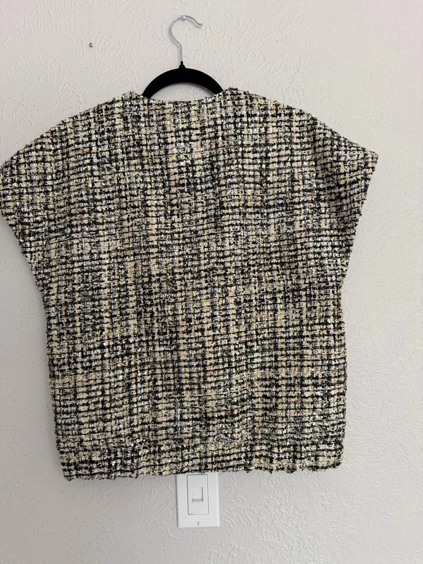 Zara collection black gold sequin tweed button down short sleeve blouse XS S - Image 9