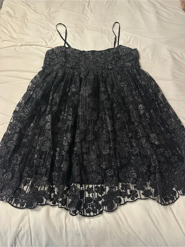 Free People All That Glitters Shimmery Black Lace Mini Dress — Size M - Image 5