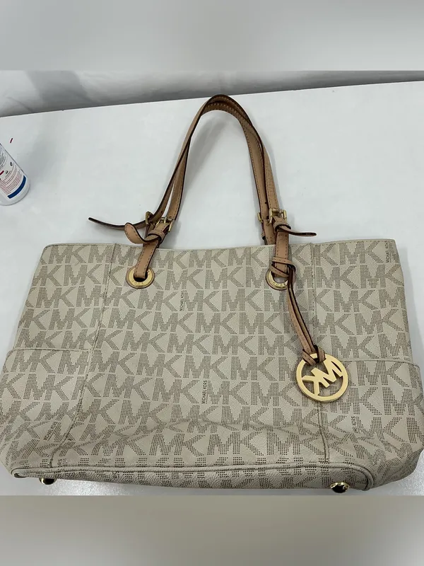 Michael Kors Beige Logo MK Tote with Tan Leather Straps D23 - Image 2