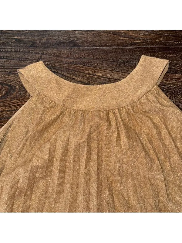 Free People Pleated Love Metallic Mini Dress Gold Brown Large‎ NWT - Image 5