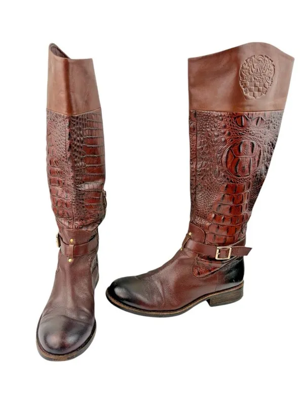 -Vince Camuto Kamino Flavian Tall Boots Womens 9B Brown Riding Quiet Luxury Croc - Image 3