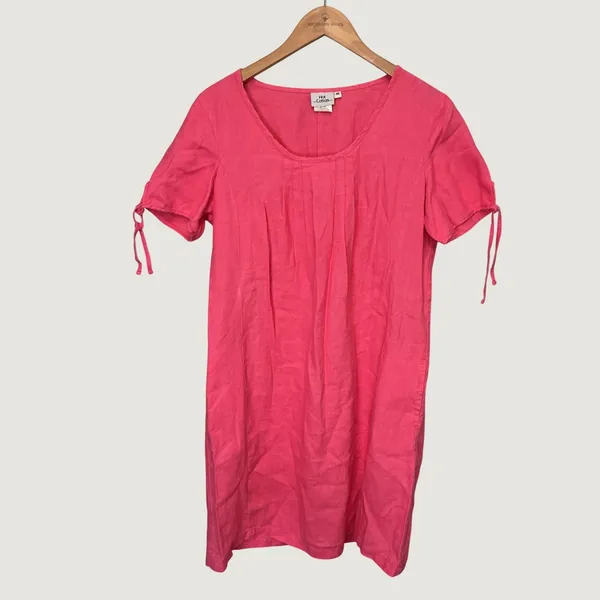Hot Cotton Pink 100% Linen Pintuck Shift Dress Short Tie Sleeve Size M - Image 2