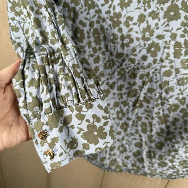 Talbots Cotton Popover Top Large Blue Sage Green Floral Ruffle Trim Long Sleeve - Image 3