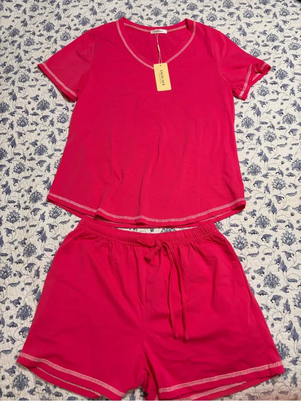 Ekouaer women’s size Small Hot Pink Pajamas shorts and short sleeve top COTTON - Image 2