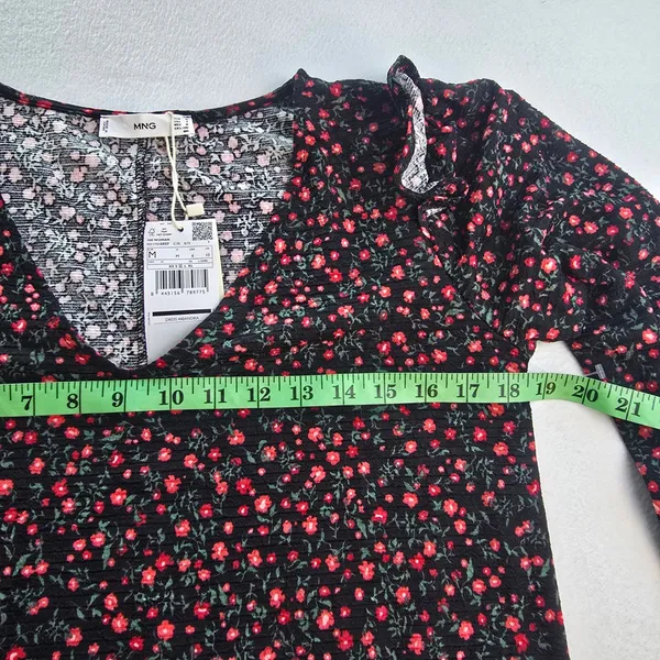 Mango‎ MNG NWT Floral Ruffle Shoulder V-Neck Mini Dress Black Red Size Medium - Image 7