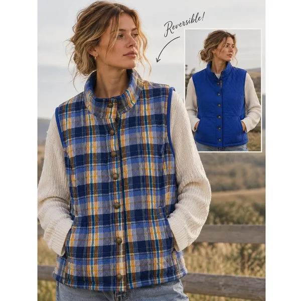 Quilted Reversible Vest Womens L Blue Plaid Grandmacore Eclectic Country Vintage - Image 2