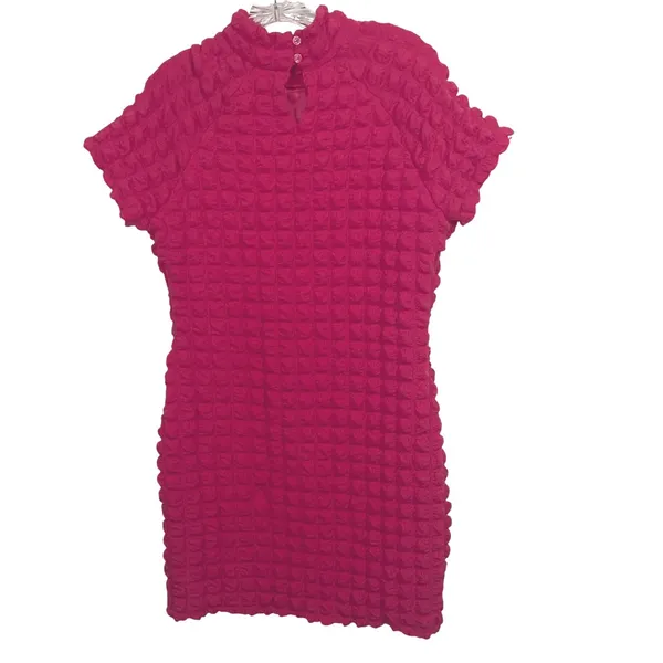 Planet Gold Y2K Pink Barbiecore Dopamine Retro Popcorn Mini Dress Mock Neck XL Stretch - Image 3