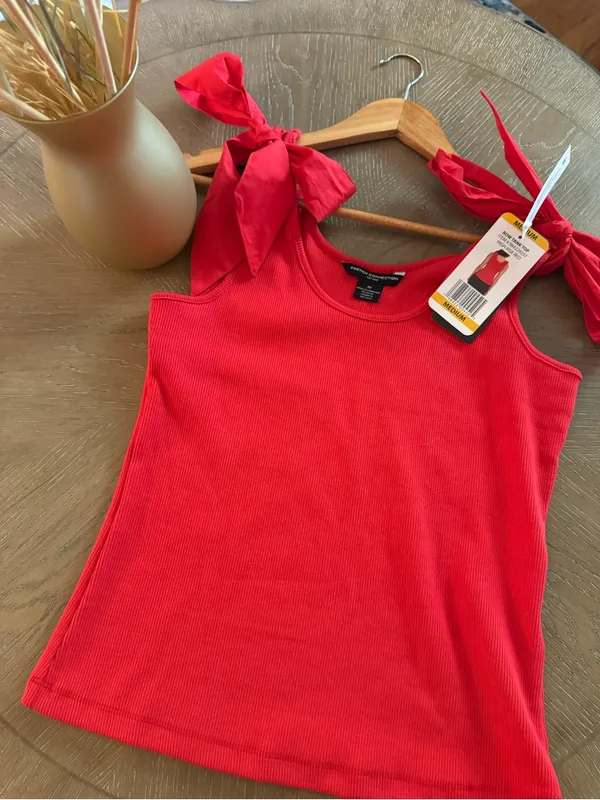 French Connection Red Tie-Shoulder Ribbed Tank Top - Image 5