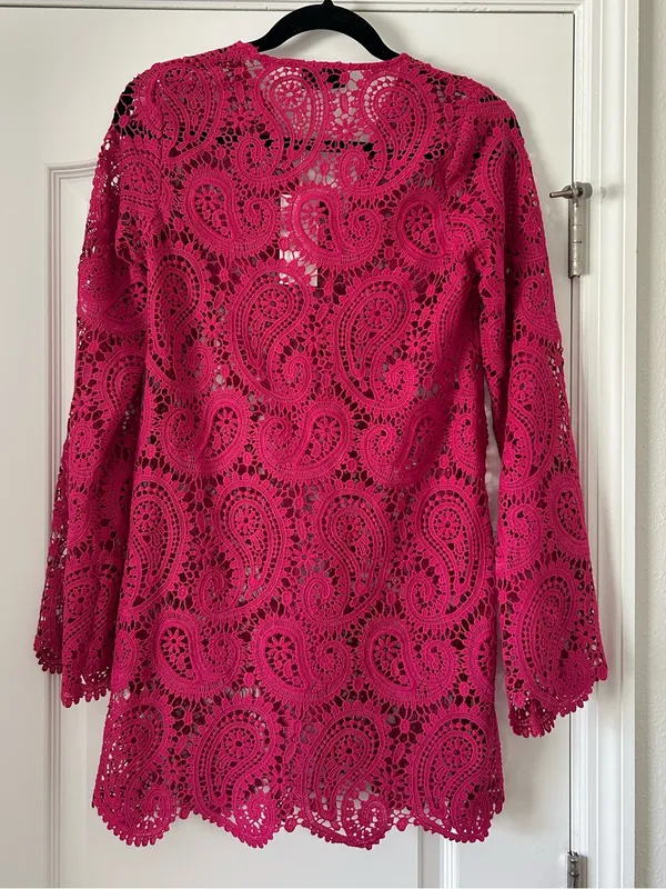 Vici Fuchsia Paisley Lace Crochet Long Sleeve Swim Cover-Up Mini Dress Front Tie - Image 9