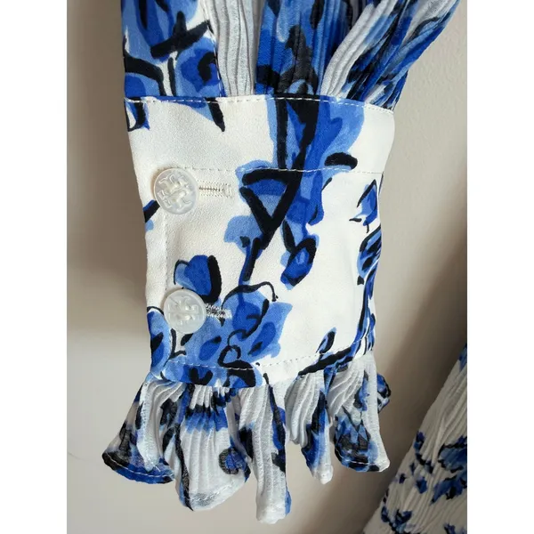Tory Burch Shirt Dress Belted Sz 0 Blue White Floral Pleated Ruffle High Neck - Image 6
