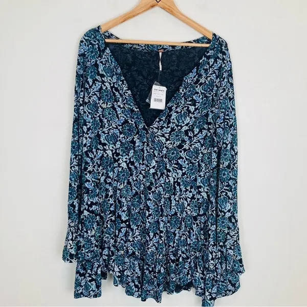 Free People NWT “Olivia” blue and green floral print swingy tunic mini dress. M - Image 3
