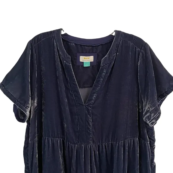 Anthropologie Maeve Harper Crushed‎ Velvet Dress Women's 1X Blue Teired Babydoll - Image 3
