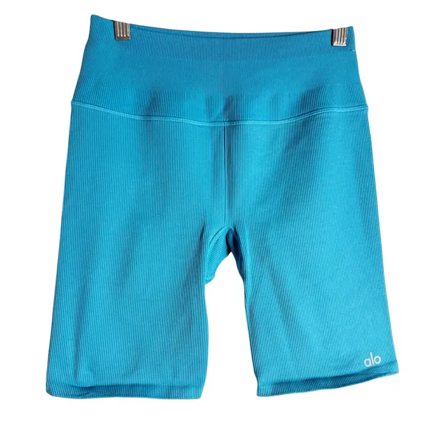 Alo Yoga Seamless Ribbed Blue High Waist 5” Favorite Biker Athletic Shorts Small - Image 2