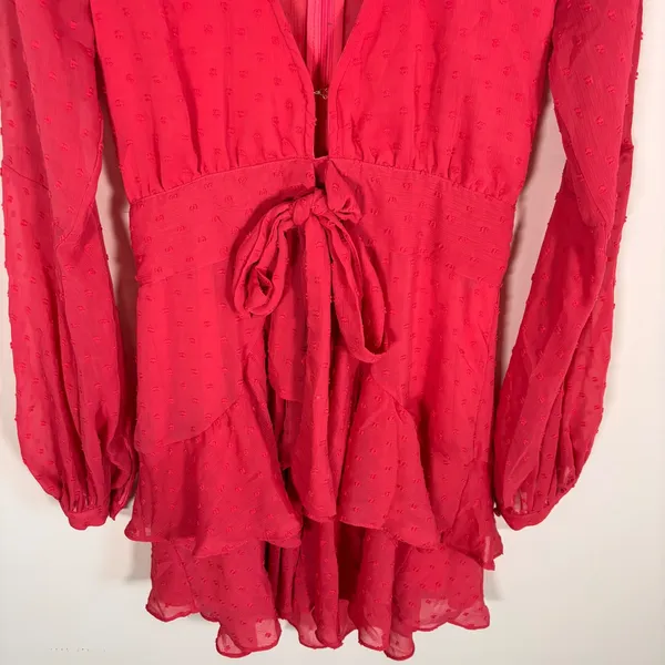 For Love & Lemons Coral Clip Dot Ruffle Mini Dress Deep V-Neck Long Sleeve Small - Image 8