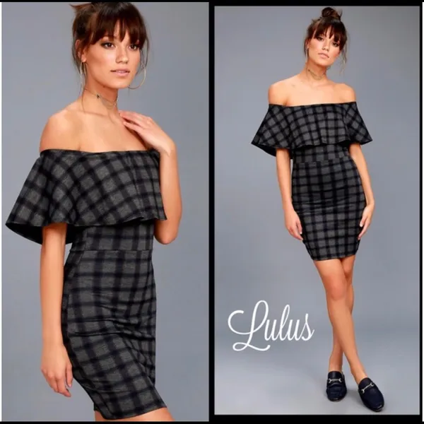 🛍️ Lulus Gray Plaid Small Town Off the shoulder Body con dress S - Image 2