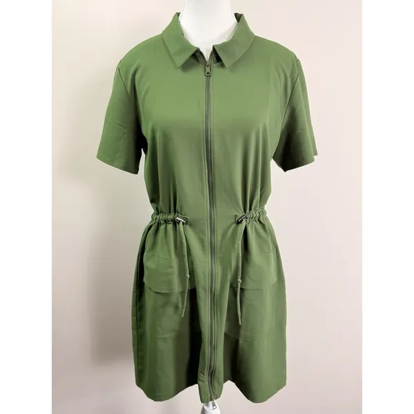 Beyond Yoga Olive Green City Chic Short Sleeve Mini Zip Shirtdress Large - Image 2