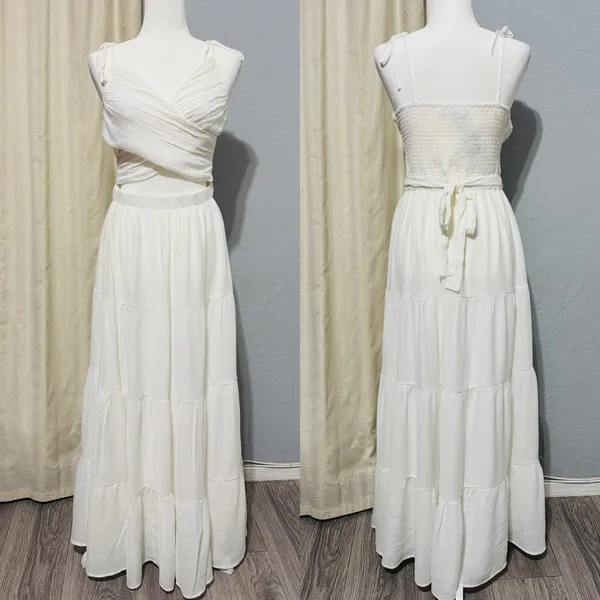 Lulus Ivory Cut Out Maxi Dress M Cottagecore‎ Tie-Strap Celestial Smocked Tiered - Image 3