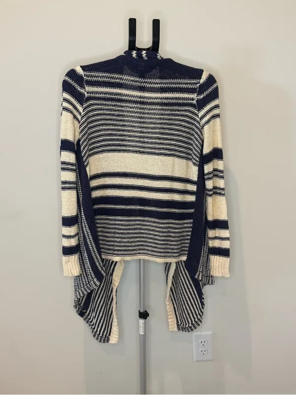 Lucky Brand Women’s M Navy Cream Striped Waterfall Cardigan Open Front Sweater - Image 4