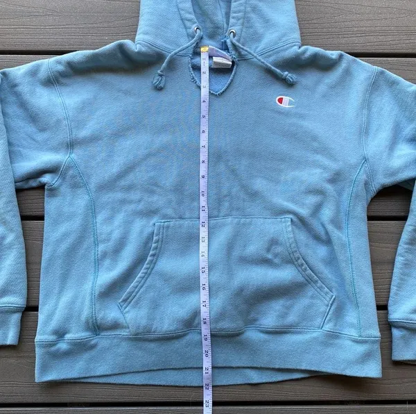 Champion Vintage Reverse Weave Light Blue Size Large V Neck Hoodie - Image 5