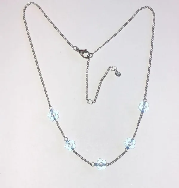 Silver Tone Clear Blue Flowers Dainty Chain Boho Necklace - Image 4