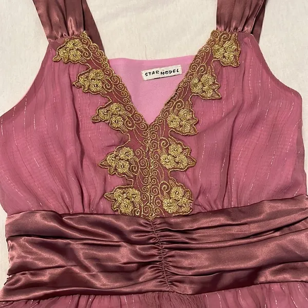 Star Model size small purple mini dress with gold accents and satin ribbon GUC - Image 5