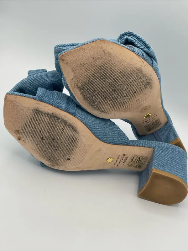 STUART WEITZMAN Love Knot Denim Wash Bow Slide Sandals 50 Block Heel Size 7 - Image 8