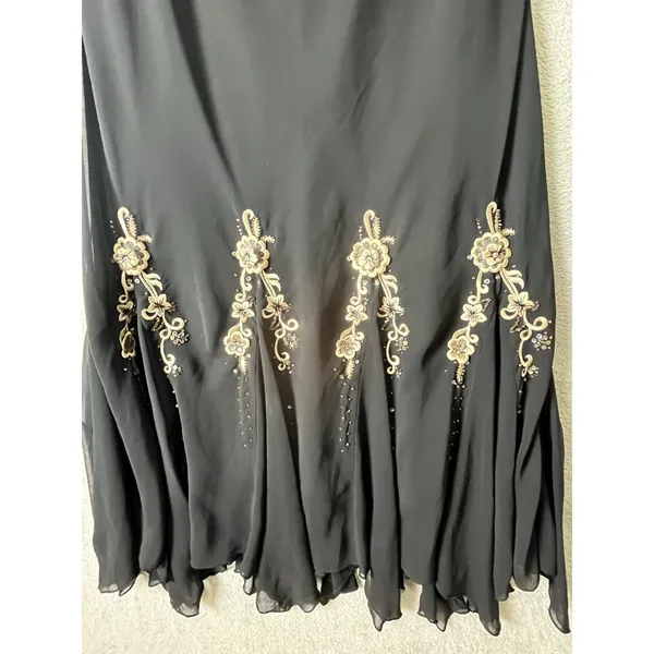 Vintage y2k Black Chiffon‎ Handkerchief Hem Dress Floral Beaded Embroidered Med - Image 3