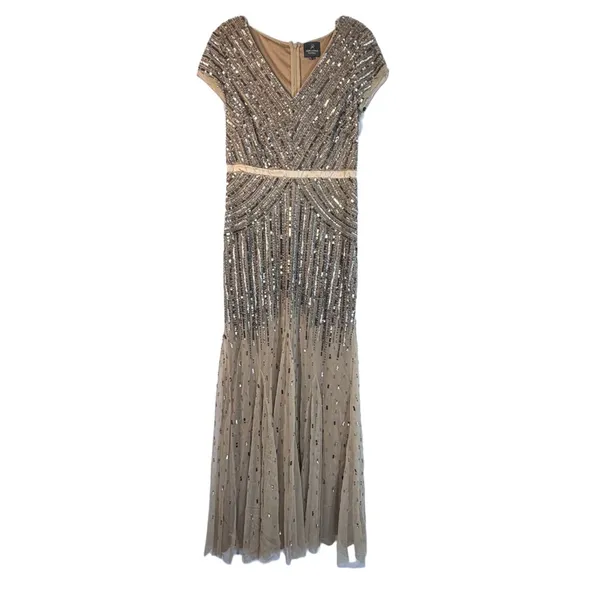 NWT Adrianna Papell Long Beaded‎ V-Neck Gown w/ Cap Sleeves & Waistband – Size 6 - Image 8