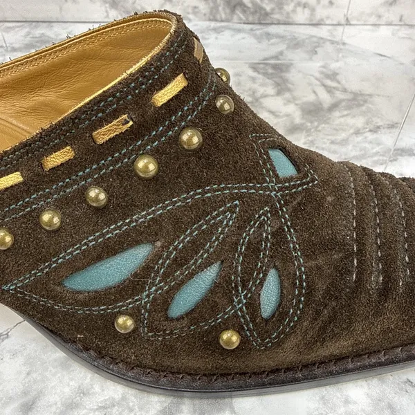 Cole Haan Western Heeled Mules Size 7 Brown Suede Turquoise Studded Butterfly - Image 4