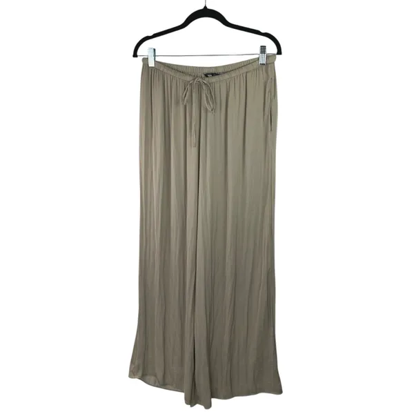 Zara Women's Beige Khaki High Waisted Drawstring Wide Leg Trousers Pants Size L - Image 2