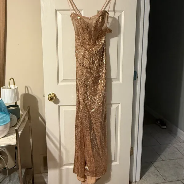 Strapless Gold‎ Embellished Gown By Ladivine CD3936 Size 4 - Image 3