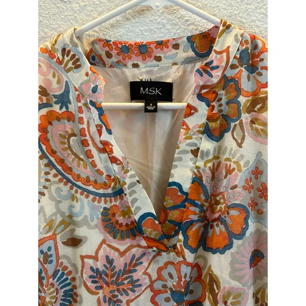 MSK orange blue floral lined dress wedding Small high low cinch waist - Image 10