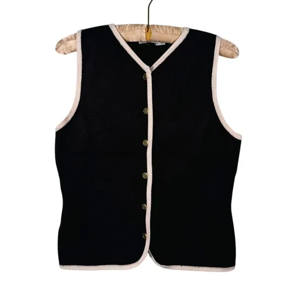 Abercrombie Mara V-Neck Gold Button Sweater Vest Womens M Black Preppy Old Money - Image 2