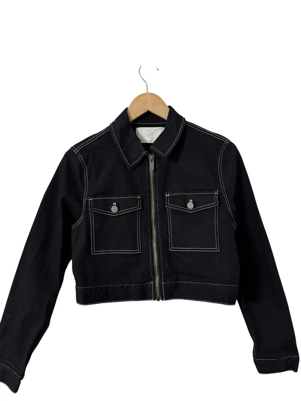 OAK + FORT Black White Contrast Stitch Cropped Cotton Jacket - Image 3